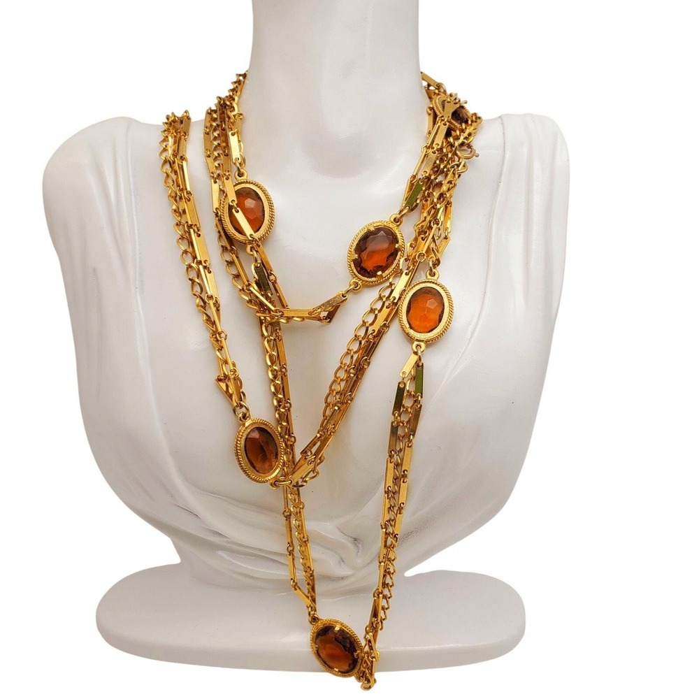 Emmons Necklace Gold Tone Brown Glass Oval Station Layering Chain Opera Length
